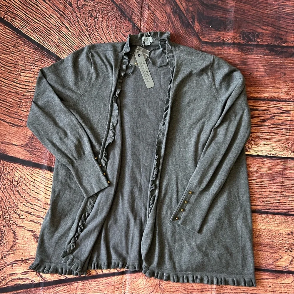 JOSEPH A‎ Women Charcoal Gray Ruffle Long Sleeve Open Front Cardigan Sweater L